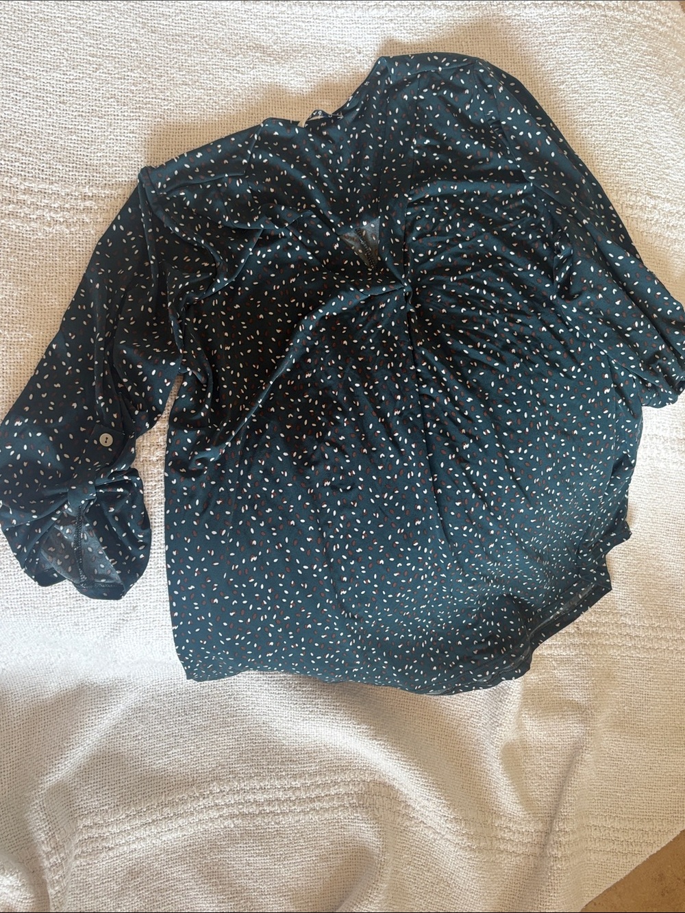 Dark Green Dot-Print V-Neck Blouse with 3/4 Sleeves